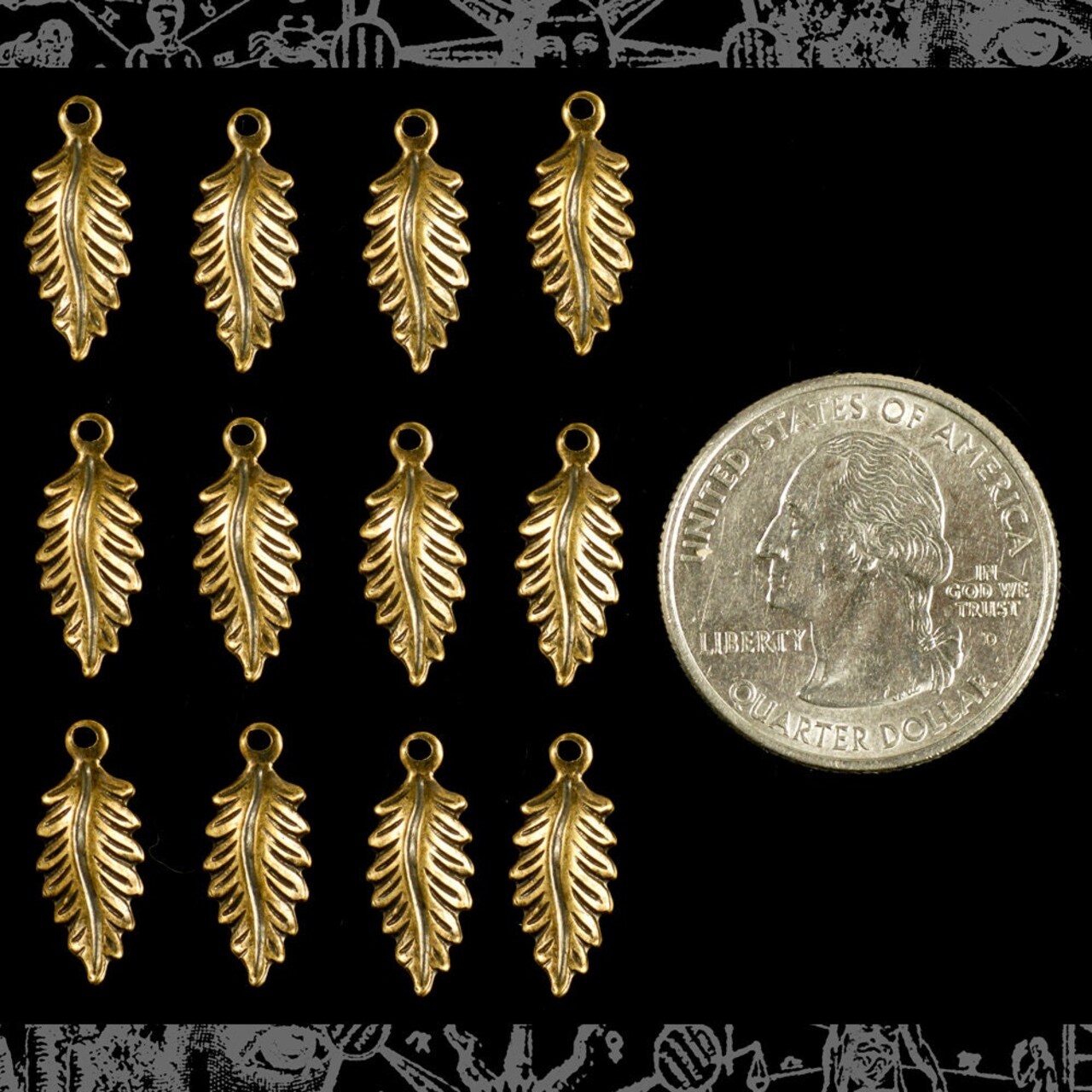 Antiqued Brass Little Pointed Feather Leaves Charms - Set of Twelve - XXX - AB-C25